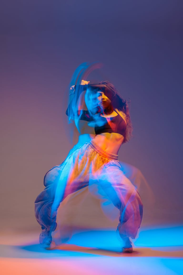 Energetic jazz-funk dancer mid-movement