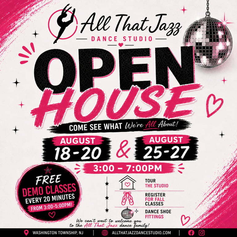 All That Jazz Dance Studio Open House flyer featuring dates August 18-20 and 25-27, free demo classes every 20 minutes