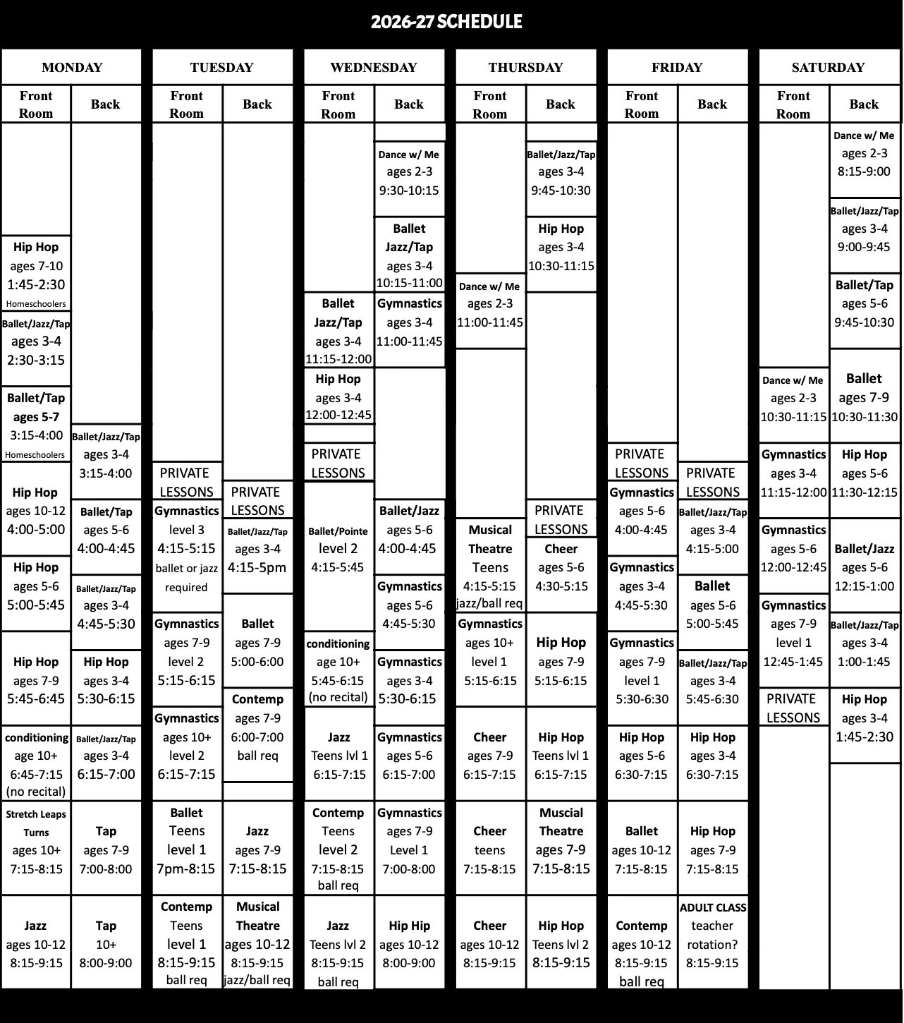 Weekly dance class schedule for 2026-27 showing various classes including Hip Hop, Ballet, Jazz, and Gymnastics organized by day and time slot