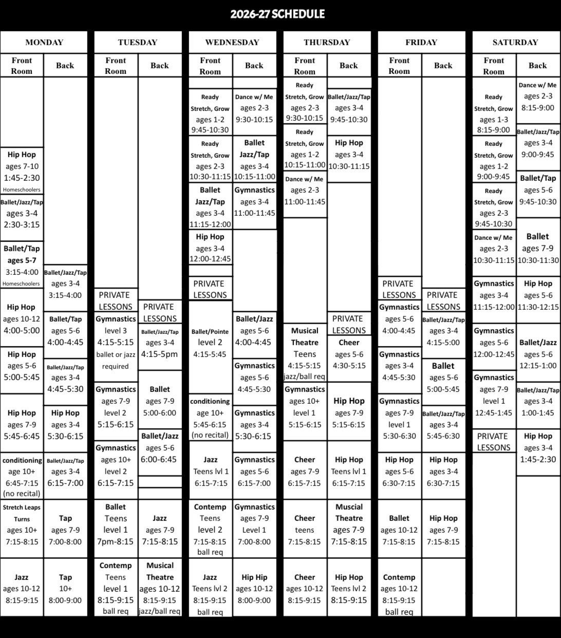 2026-27 weekly schedule grid showing daily class times and activities organized by day and room type