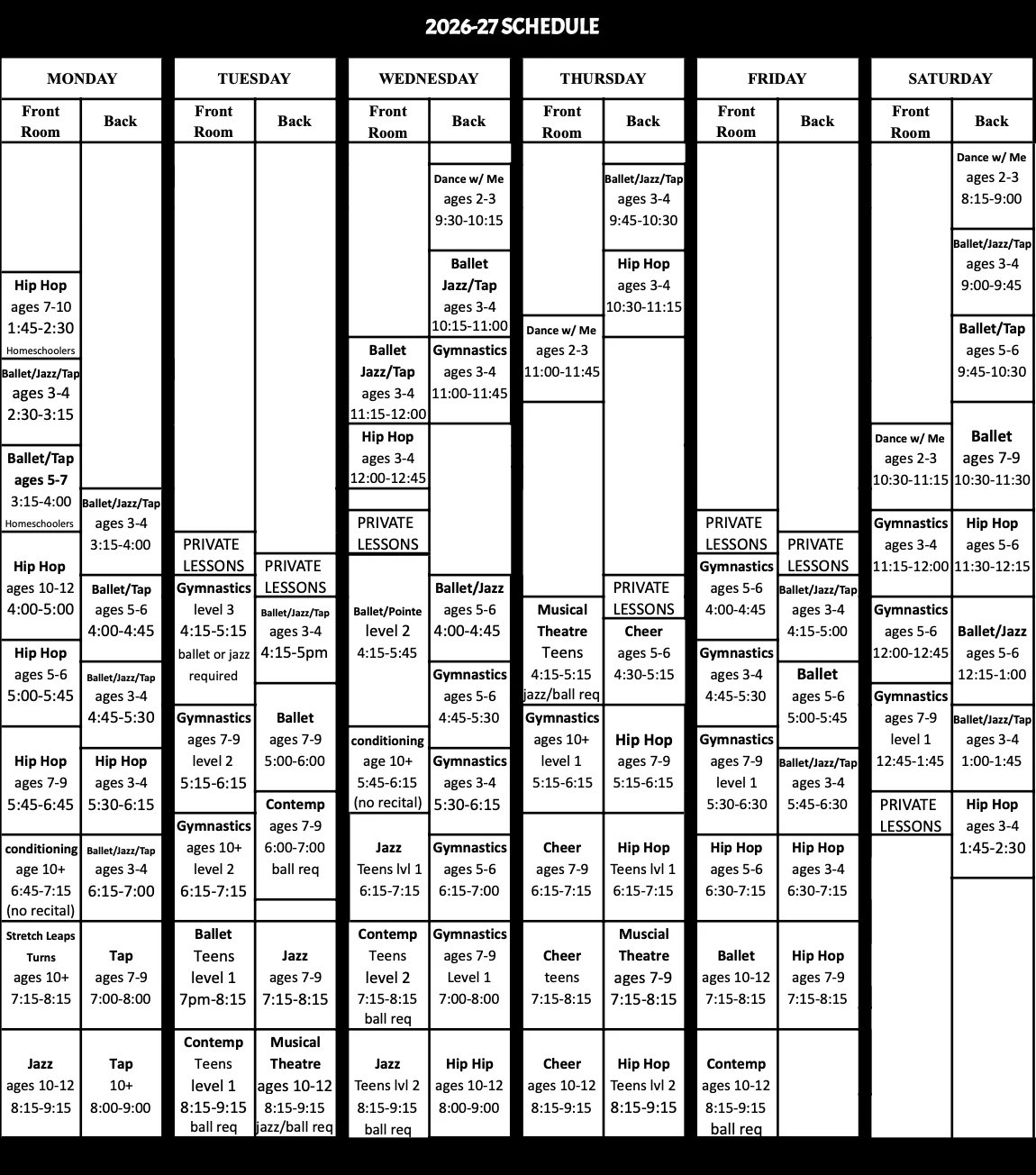 2026-27 dance class schedule grid showing weekly classes by day, time, and class type including ballet, hip hop, gymnastics, and contemporary dance